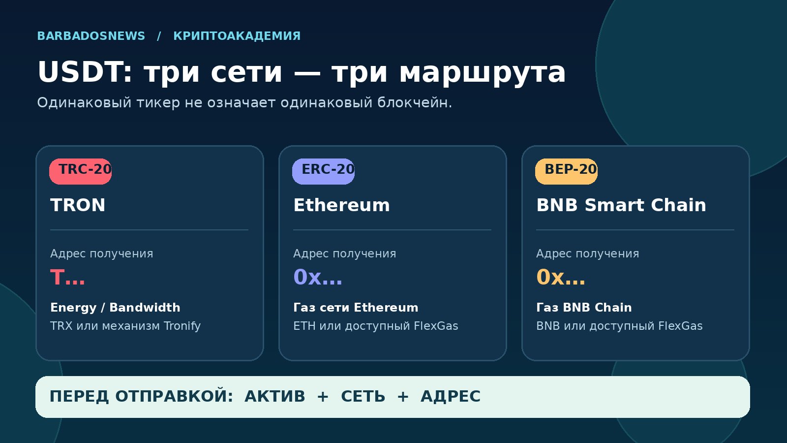 Схема сетей USDT: TRC-20 в TRON, ERC-20 в Ethereum и BEP-20 в BNB Smart Chain, различия адресов и способов оплаты комиссий