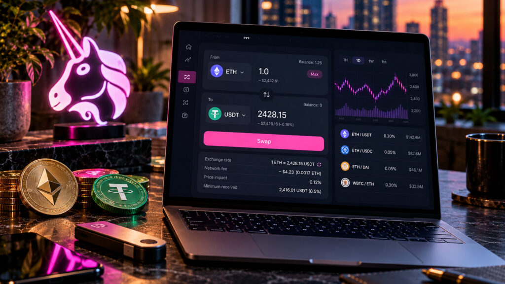 Uniswap: децентрализованный обмен Ethereum на USDT на ноутбуке, иллюстрация для анонса