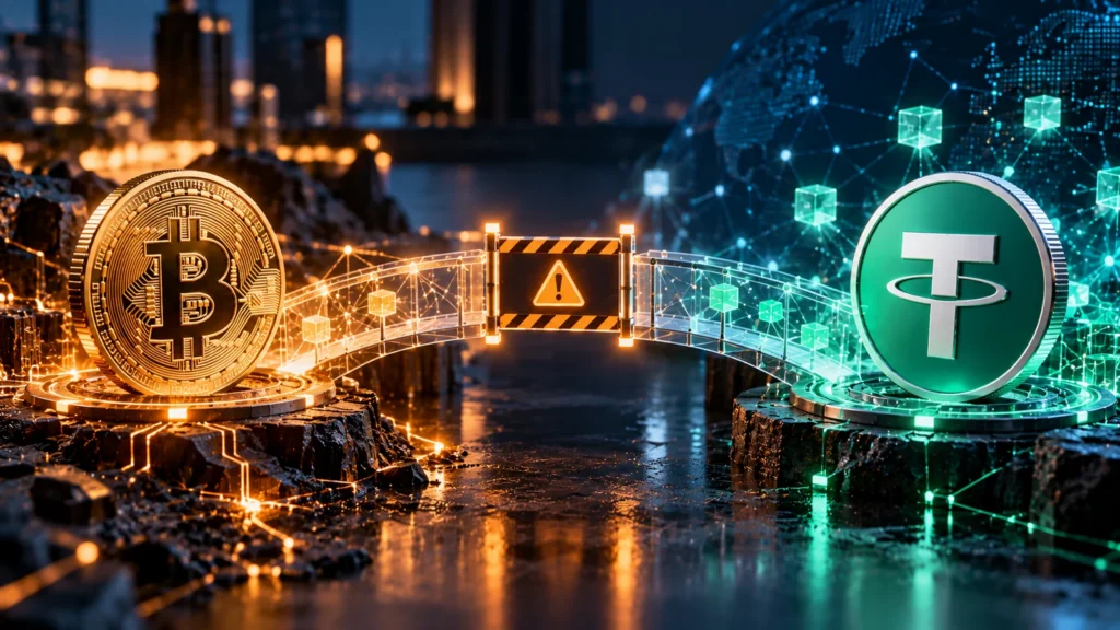 USDT и Bitcoin разделяет предупредительный барьер: художественная обложка статьи о будущих RGB-переводах Utexo
