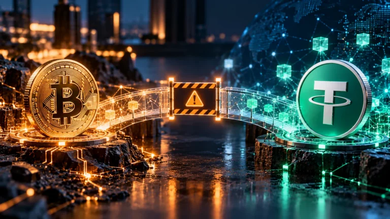 USDT и Bitcoin разделяет предупредительный барьер: художественная обложка статьи о будущих RGB-переводах Utexo