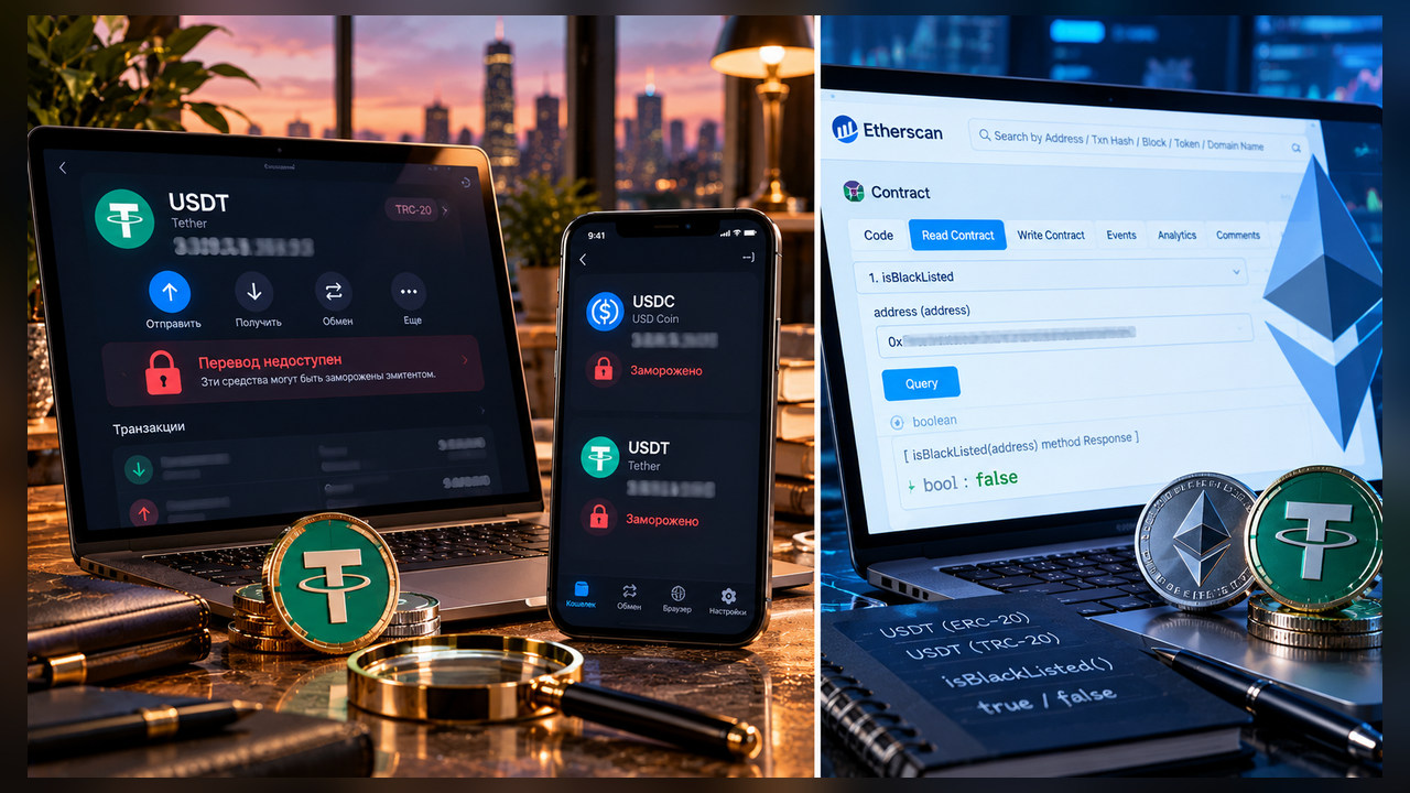 USDT заблокировали: ограничения кошелька и чтение blacklist Tether в Etherscan - учебная иллюстрация