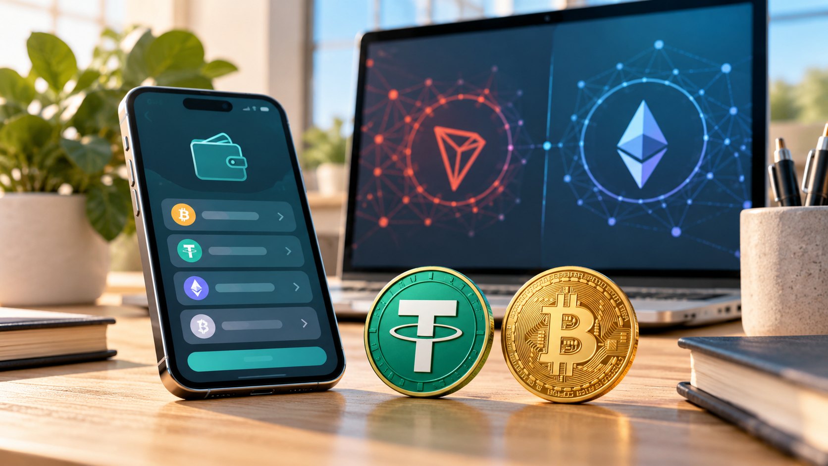 Смартфон с криптокошельком и монеты USDT и Bitcoin на фоне экранов блокчейн-сетей