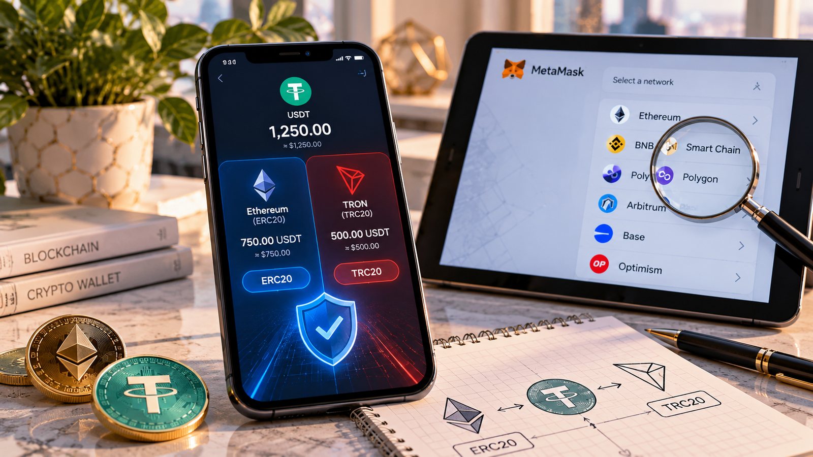 Иллюстрация различия USDT в Ethereum ERC-20 и TRON TRC-20 и выбора сети MetaMask