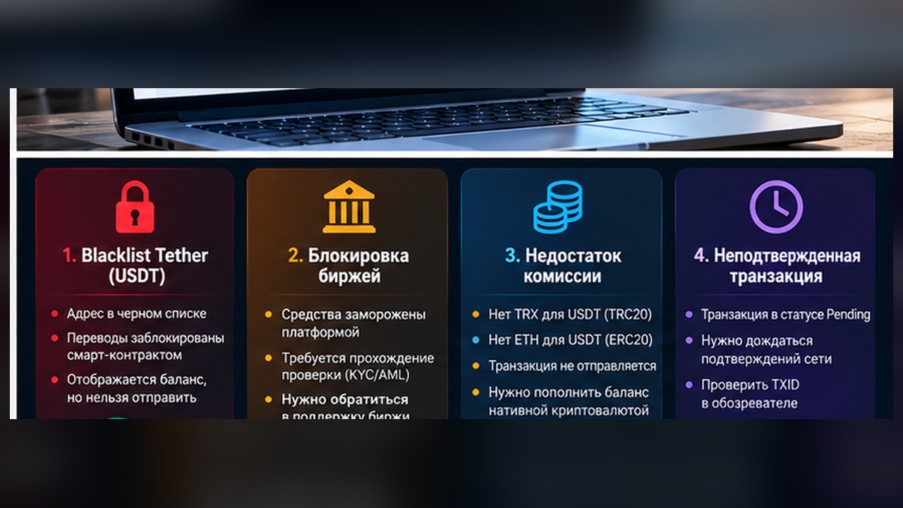 Четыре причины, почему USDT не переводятся: blacklist, биржа, комиссия и ожидание транзакции