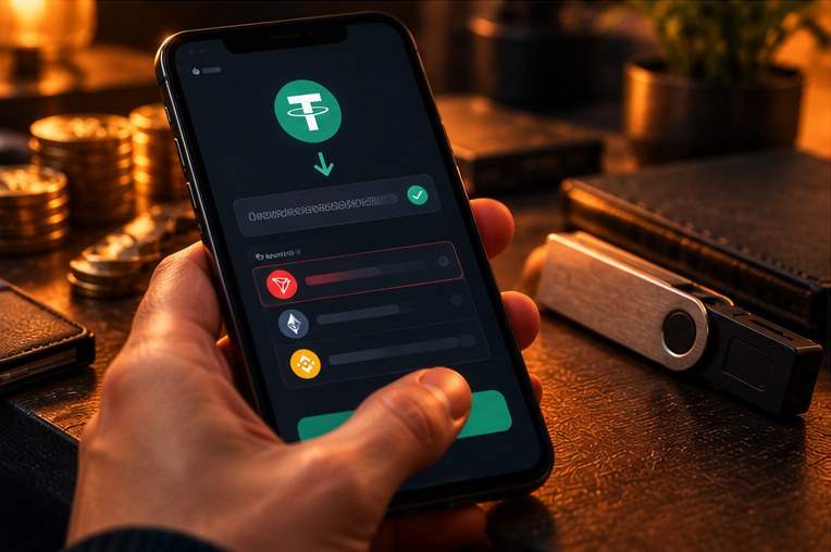 Подтверждение перевода USDT на смартфоне рядом с аппаратным криптокошельком