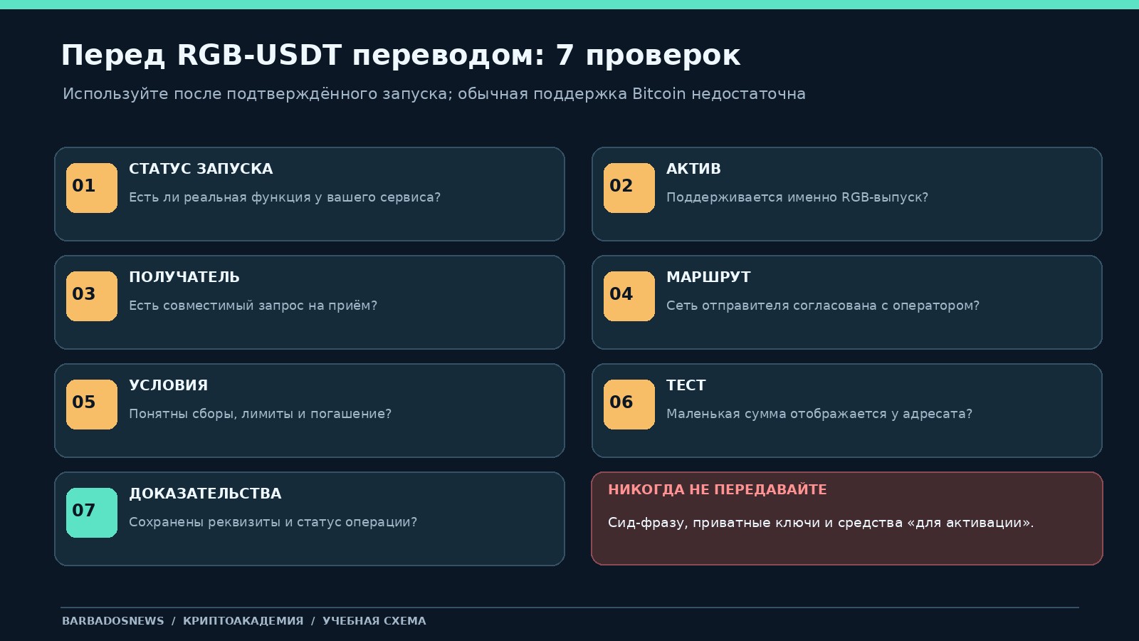 Семь проверок перед переводом USDT через RGB: статус запуска, совместимость получателя, актив, маршрут, сборы, тестовая сумма и подтверждение