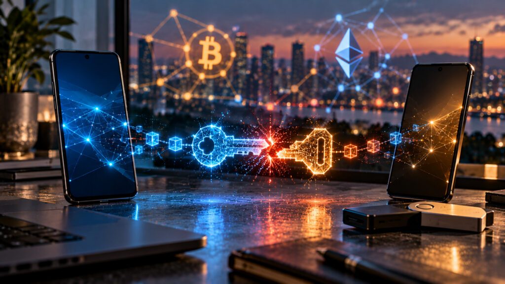 Концептуальная обложка: два смартфона с абстрактными частями криптографического ключа между ними на фоне символов Bitcoin и Ethereum; не реальный экран Vultisig и не изображение фактической атаки