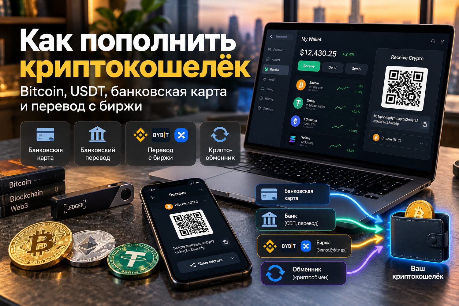 Получение адреса криптокошелька через функцию Receive для Bitcoin и USDT