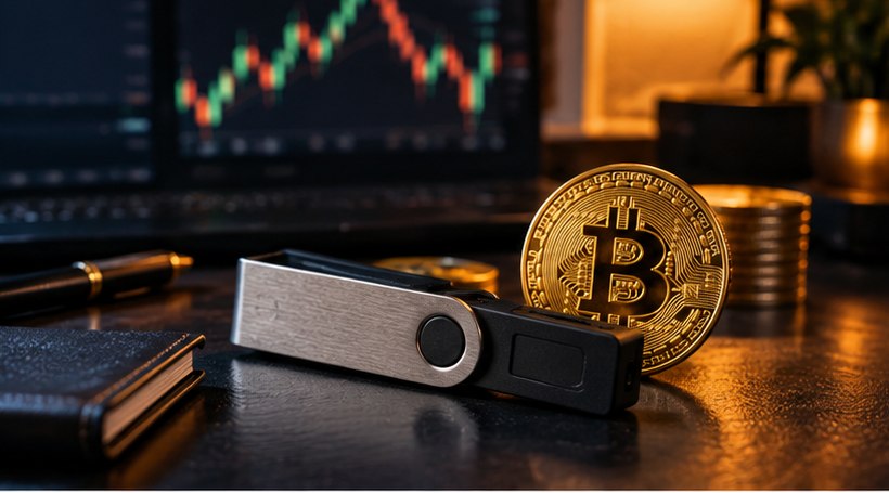 Аппаратный криптокошелёк и монета Bitcoin на столе — восстановление доступа к криптовалюте