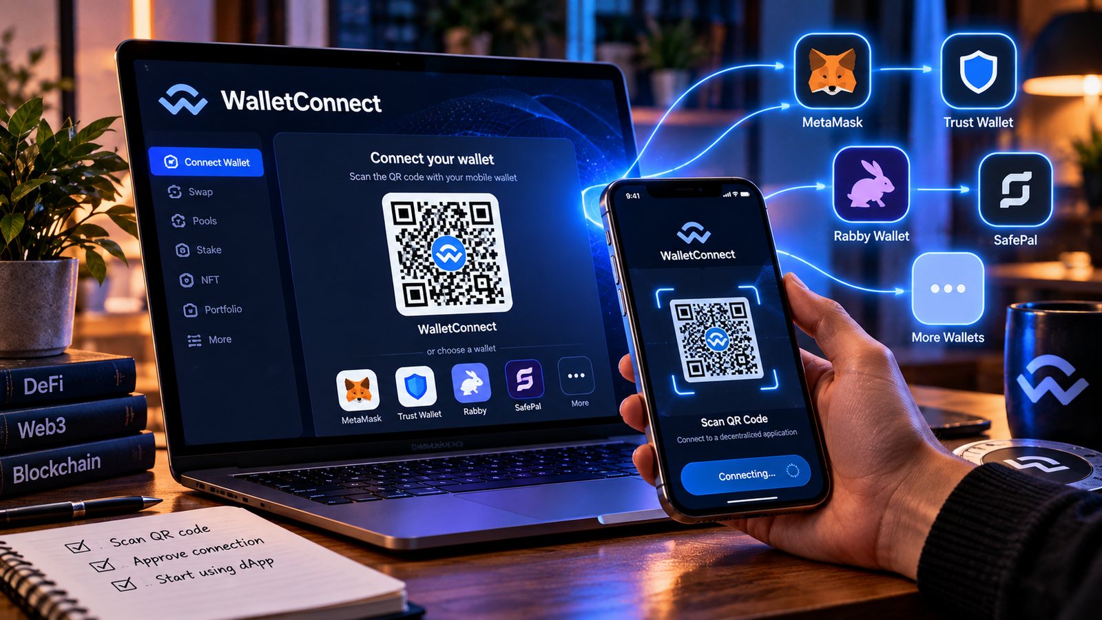 WalletConnect: подключение криптокошелька через QR-код на компьютере и телефоне