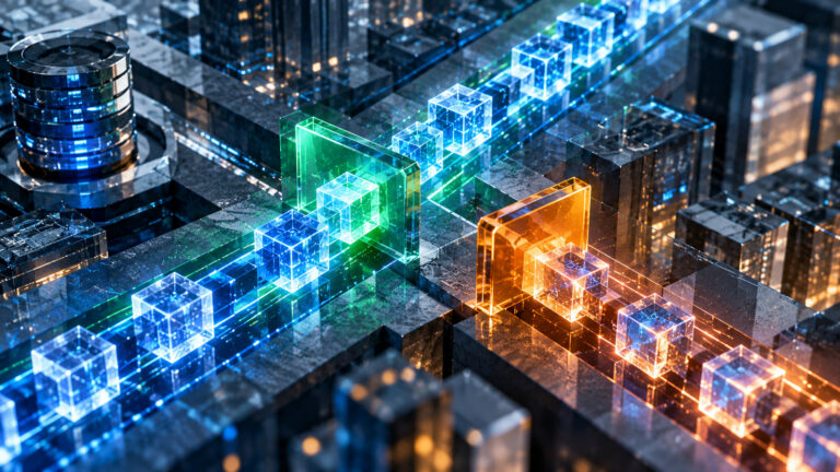Редакционная иллюстрация XRP Ledger: цифровые блоки проходят через контроль доступа, часть маршрутов ограничена