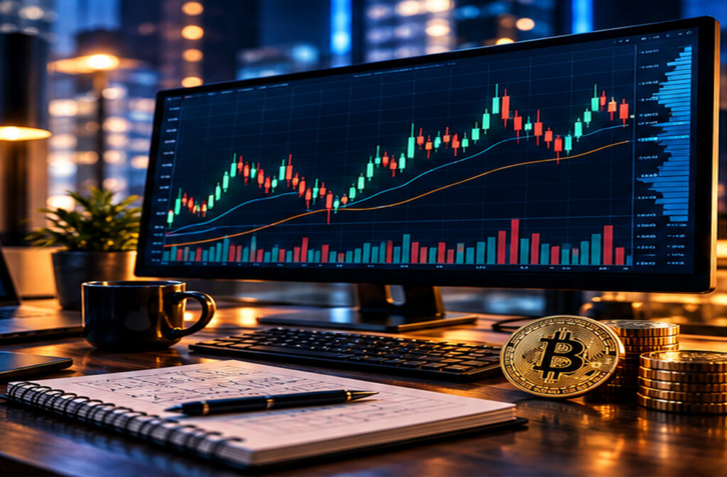 Японские свечи на графике Bitcoin: криптовалютный торговый терминал с зелёными и красными свечами