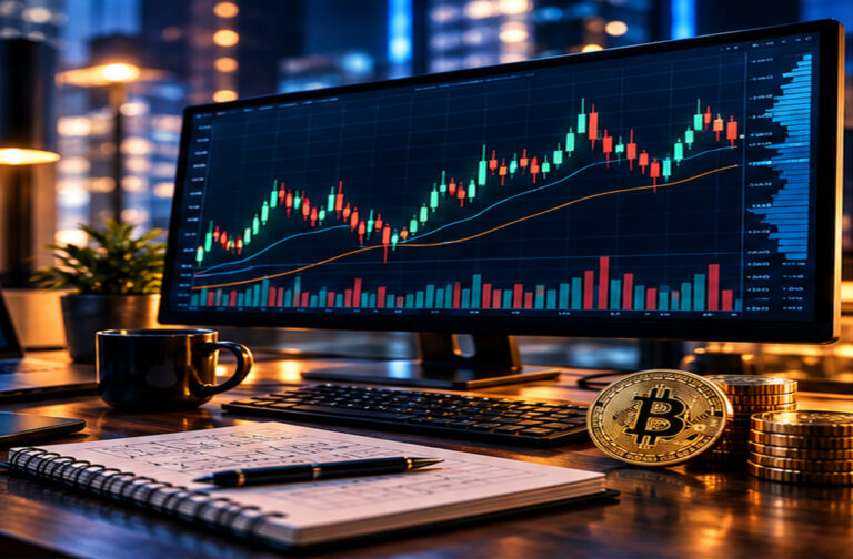 Японские свечи на графике Bitcoin: криптовалютный торговый терминал с зелёными и красными свечами
