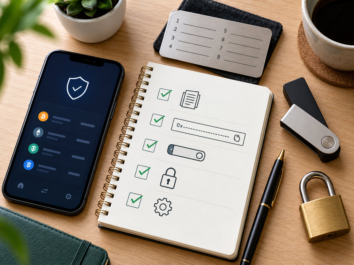 Проверочный список защиты криптокошелька рядом с телефоном и аппаратным ключом