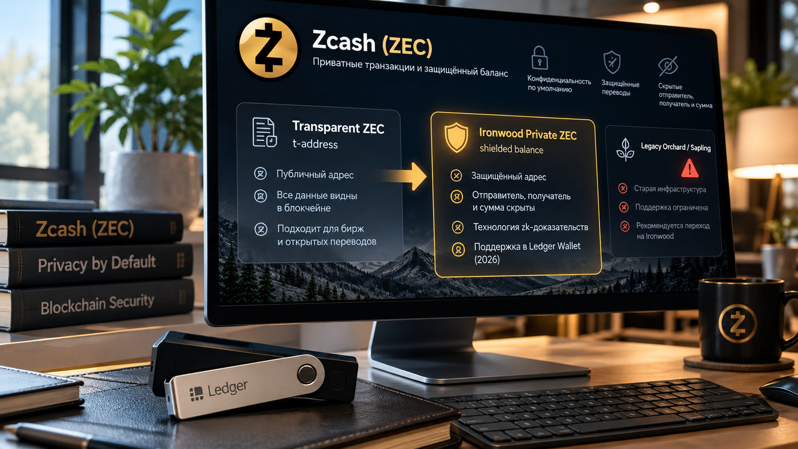 Ledger Wallet и Zcash: прозрачный баланс ZEC, защищённый Ironwood и старые пулы