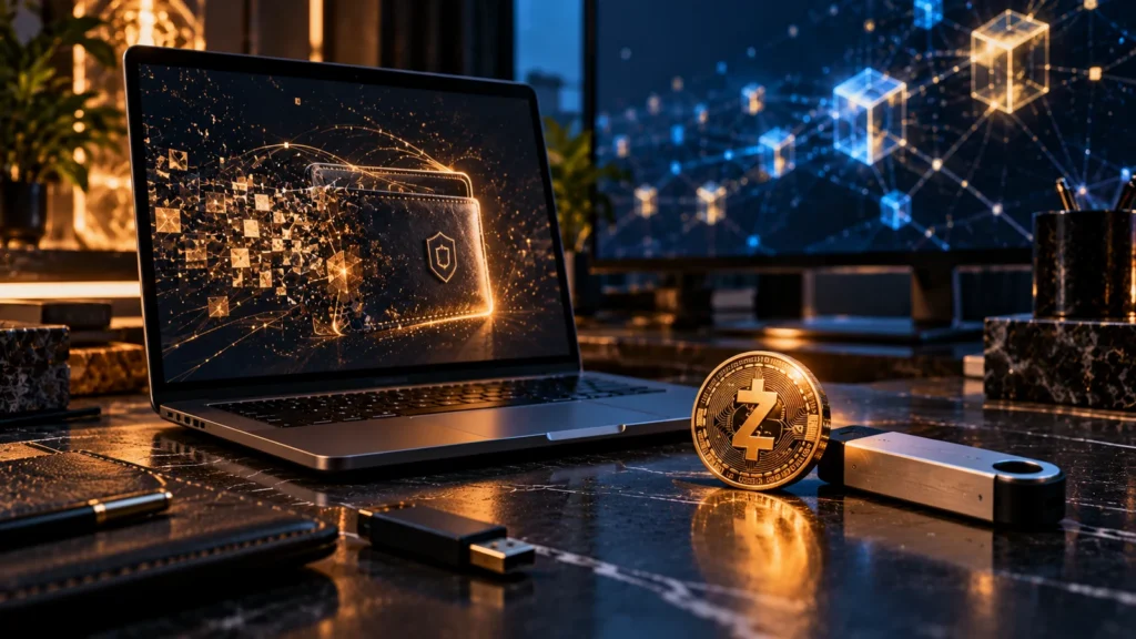 Фото для Google Discover: золотая монета Zcash ZEC, ноутбук с абстрактной защитой кошелька и аппаратный накопитель рядом с блокчейн-сетью