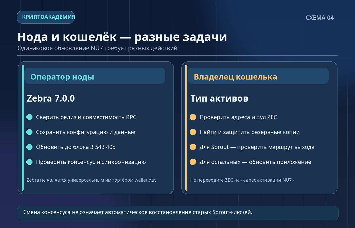 Сравнение задач владельца Zcash-кошелька и оператора ноды Zebra 7.0.0 перед активацией NU7