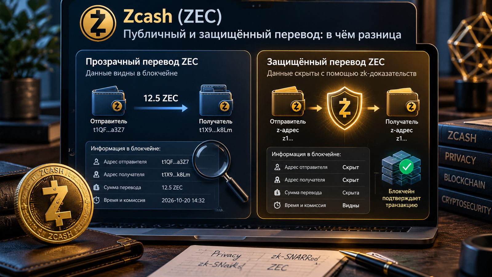 Zcash: сравнение публичного и защищённого перевода ZEC, видимых и скрытых данных