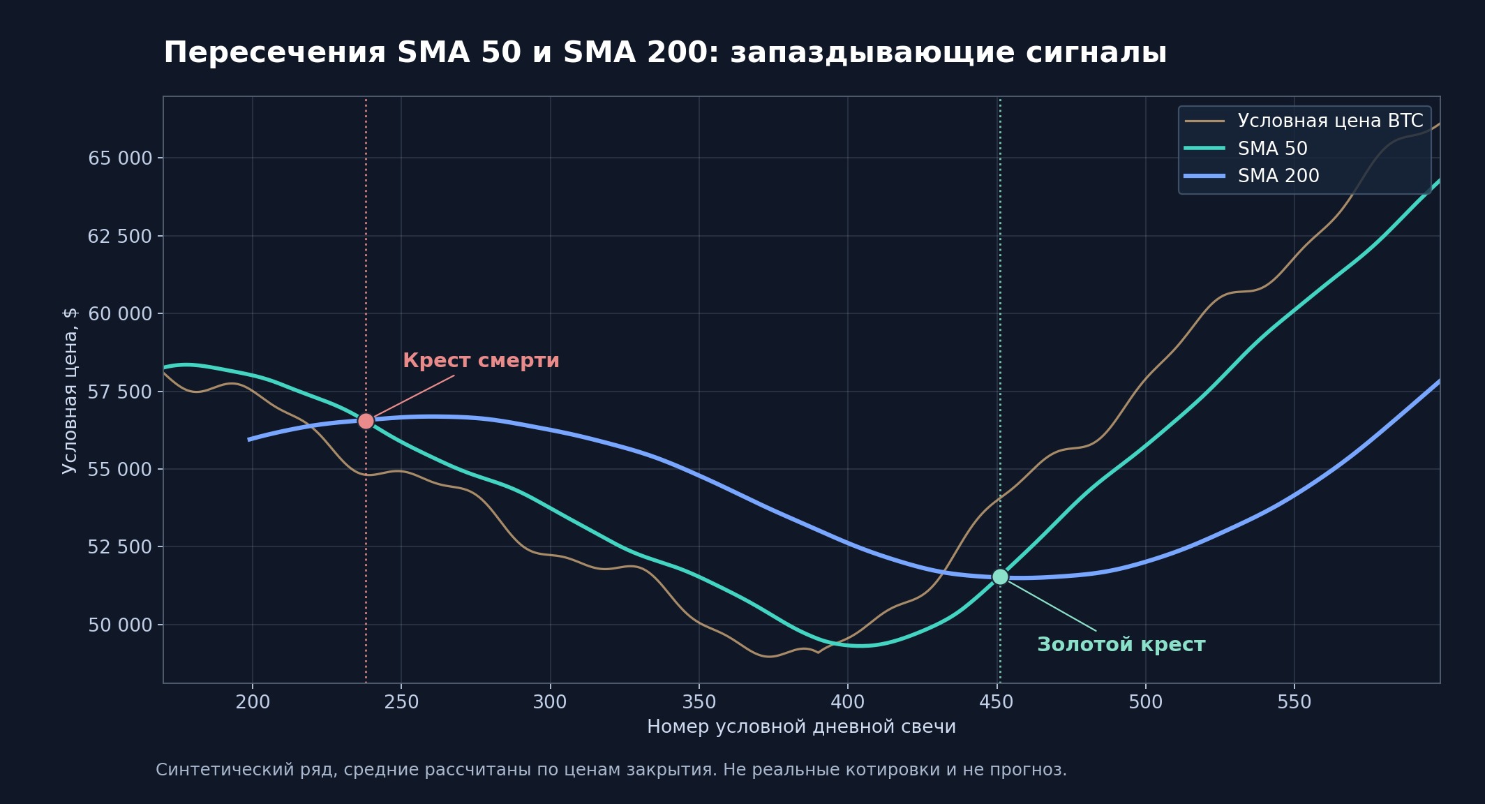 Крест смерти и золотой крест SMA 50 и 200 на математически рассчитанном учебном графике